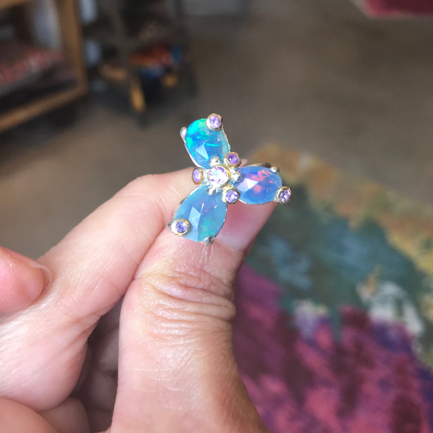 Handmade Sterling Silver rainbow blue fire Opal Amethyst ring 7.5