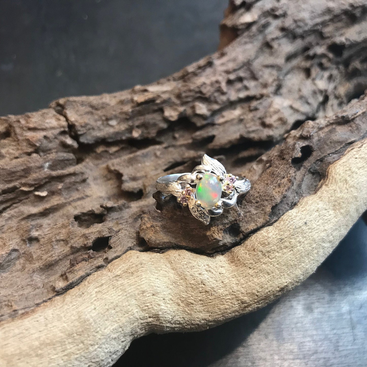 Natural  opal Branch organic Sterling Silver Ring 8.5