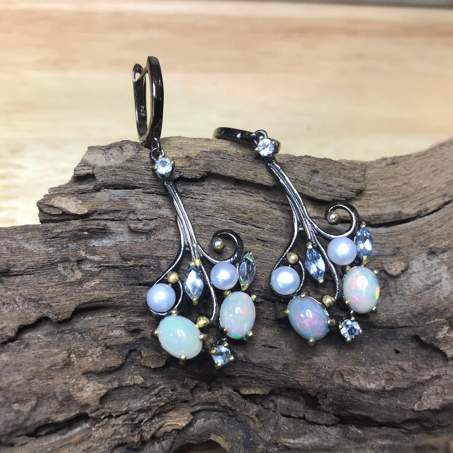 Sterling Silver white pearl blue topaz opal dangle  earrings