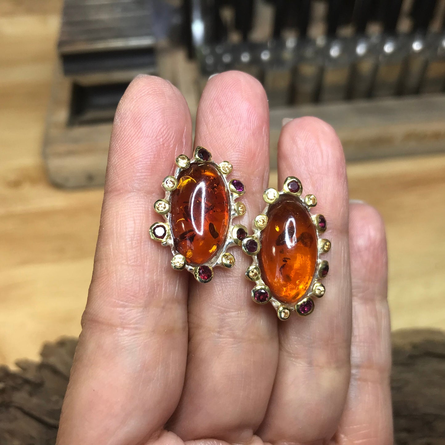 Natural  Amber Rhodolite  Artisan handmade stud Earrings