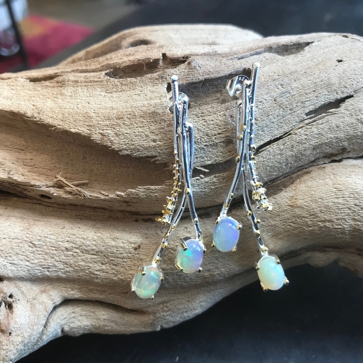 Sterling Silver fire opal stud earrings twigs art to wear