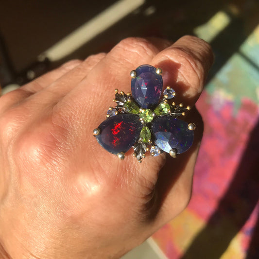 sterling silver Natural black blue Fire Opal peridot statement ring 8.5