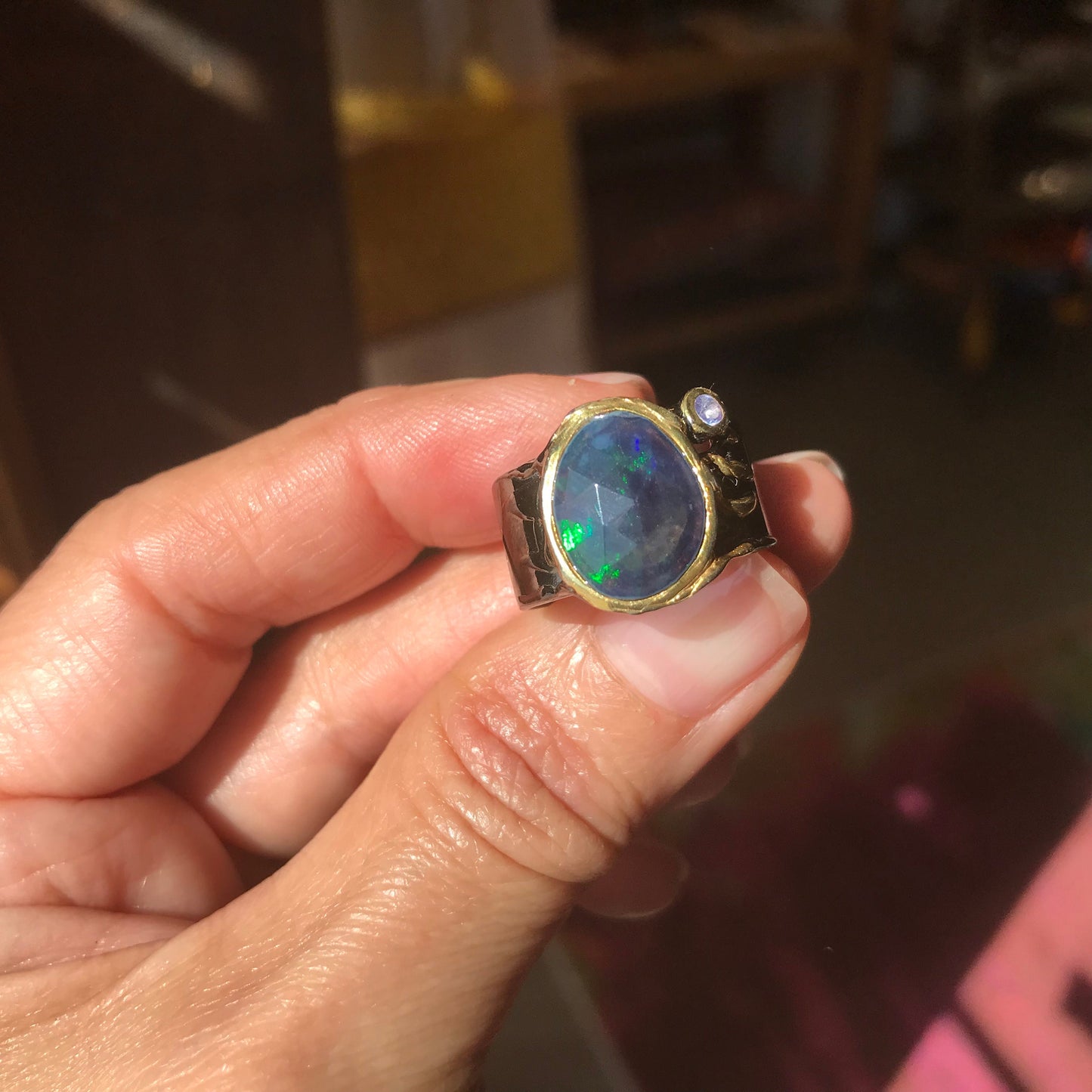 sterling silver blue fire blue  opal band modernist Etnika ring 7.5