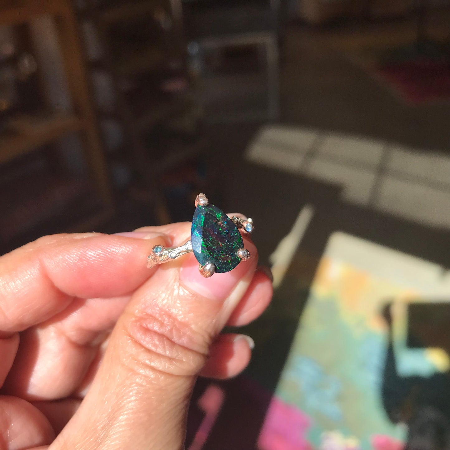 Sterling Silver Fire black blue fire opal solitaire promise Ring 8.5