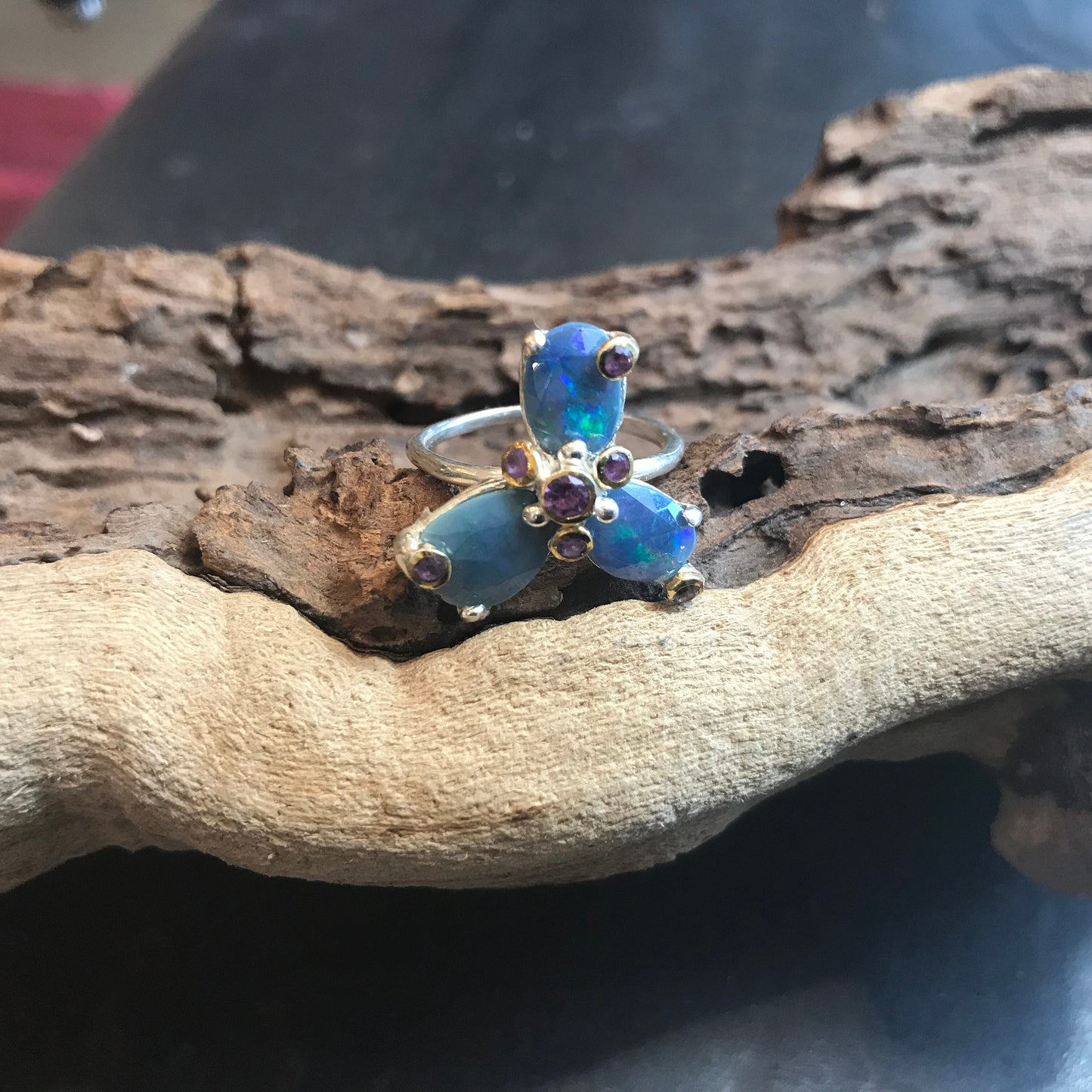 Handmade Sterling Silver rainbow blue fire Opal Amethyst ring 7.5