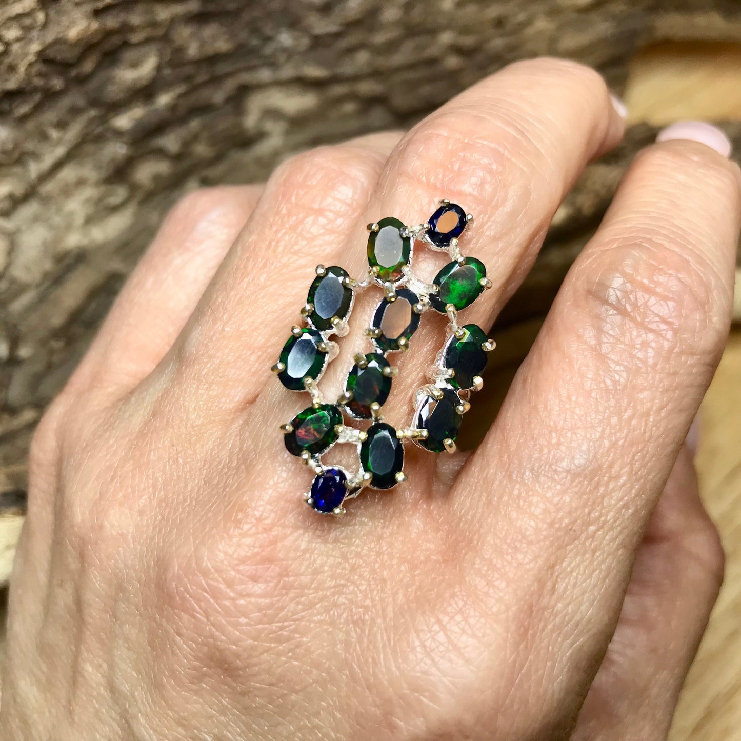 Sterling Silver black Fire Opal statement ring 7.5