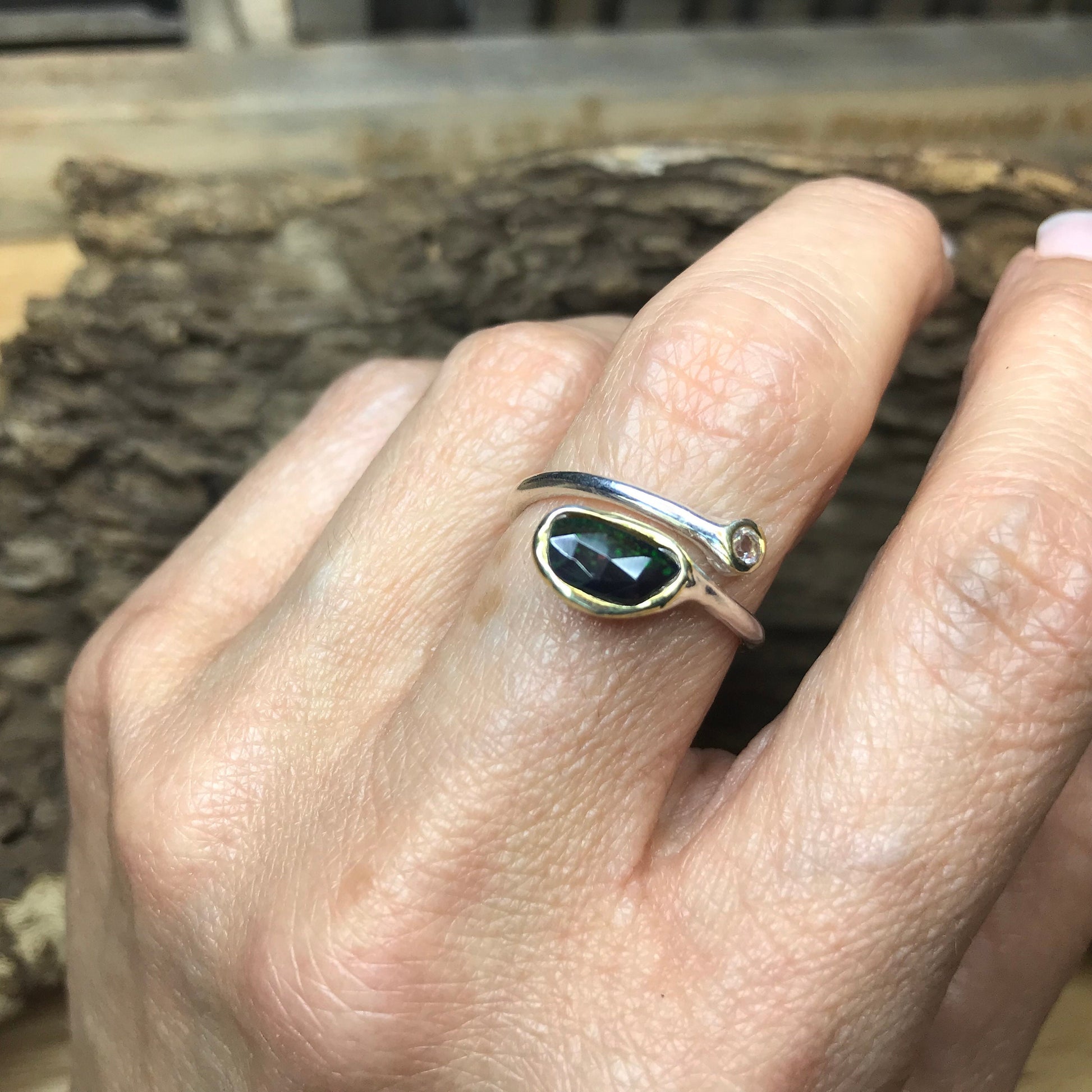 Natural black opal adjustable open dainty Sterling Silver Ring