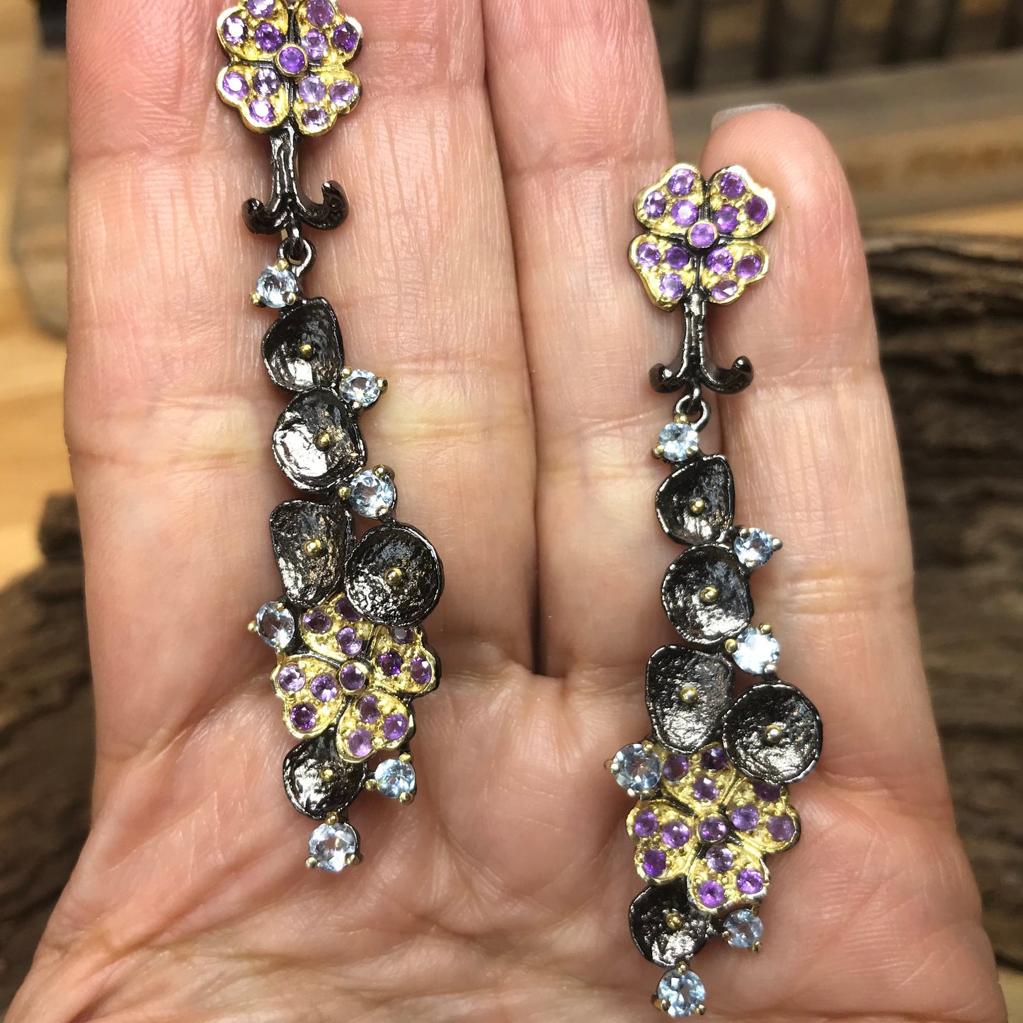 Sterling Silver Blue Topaz amethyst  statement natural art long Earrings