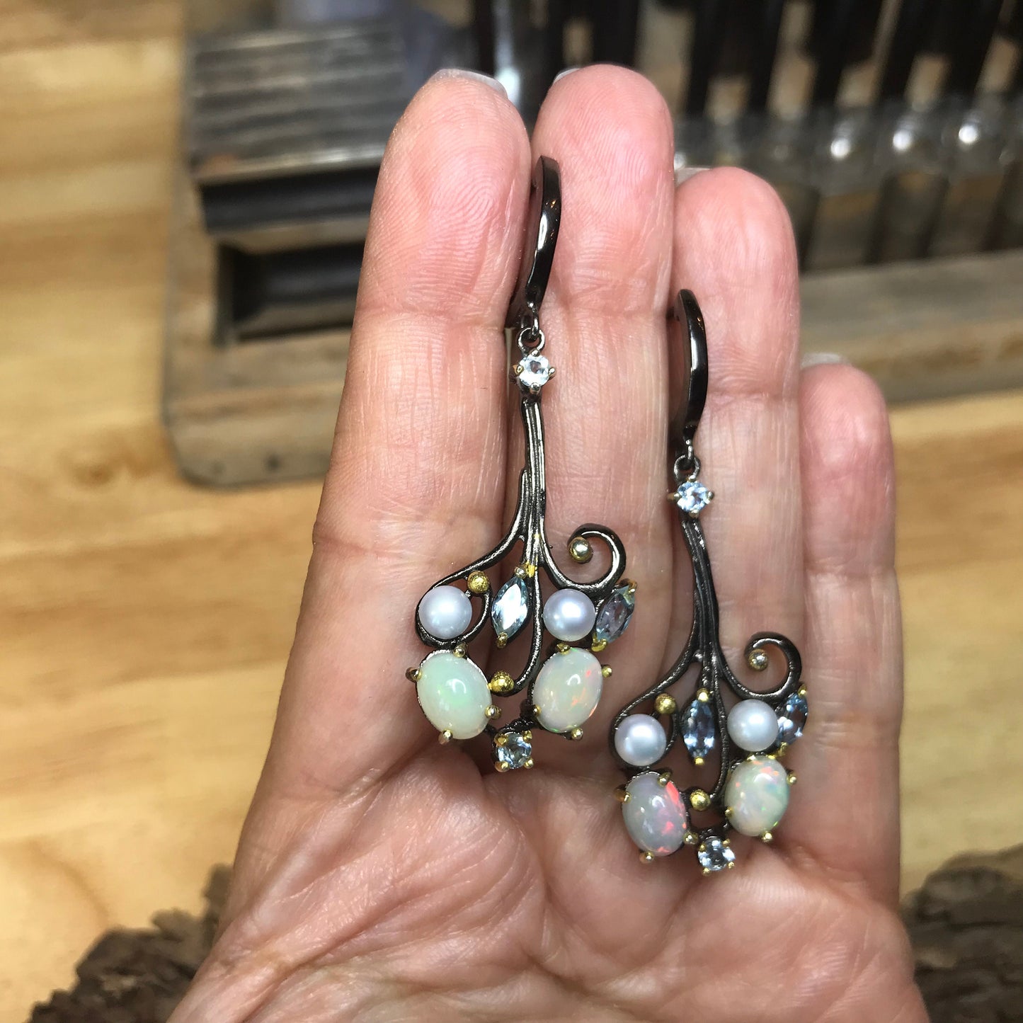 Sterling Silver white pearl blue topaz opal dangle  earrings