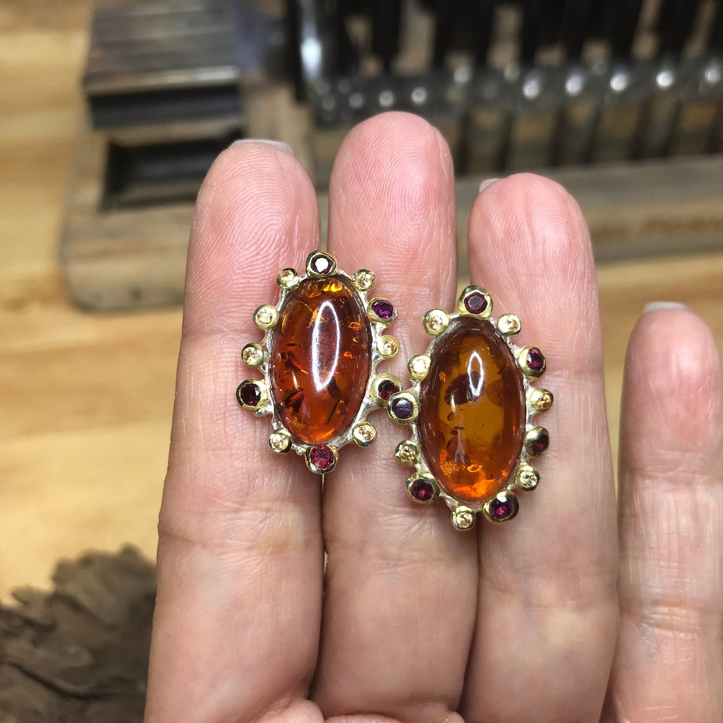 Natural  Amber Rhodolite  Artisan handmade stud Earrings