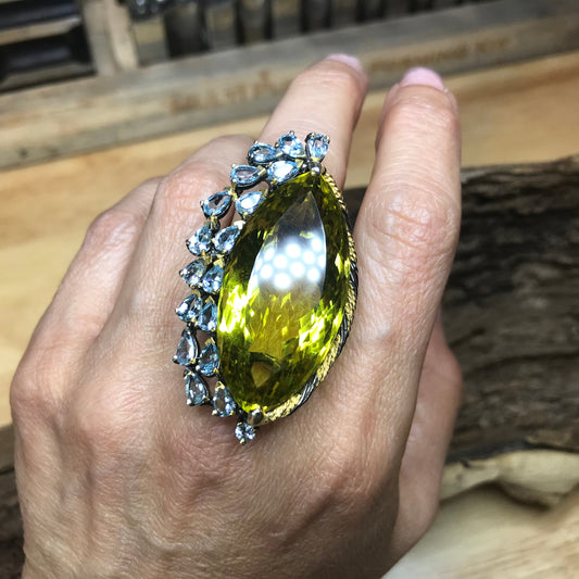 Sterling Silver Natural lemon quartz topaz huge 70ct statement Ring 9