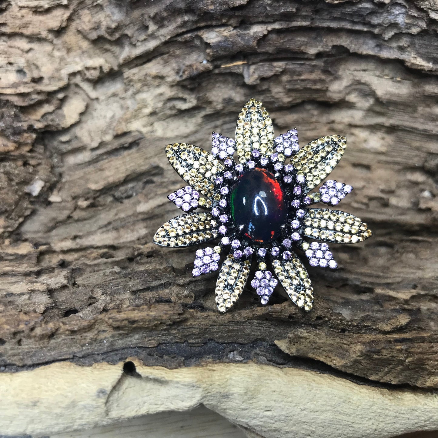 sterling silver Natural black Fire Opal sapphire statement pink ring
