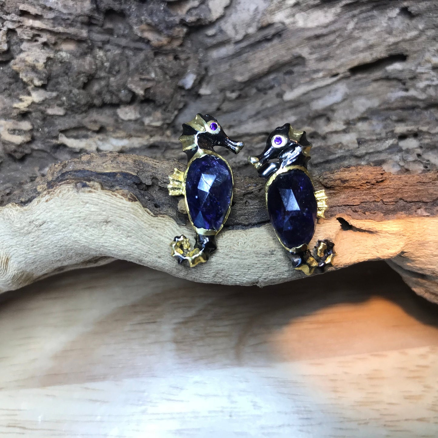 Sterling Silver blue lolite Seahorse stud Earrings