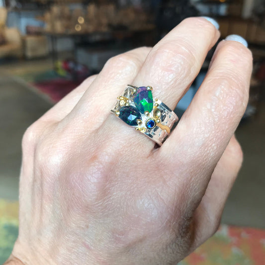 sterling silver Natural black blue fire opal band  ring 8.5