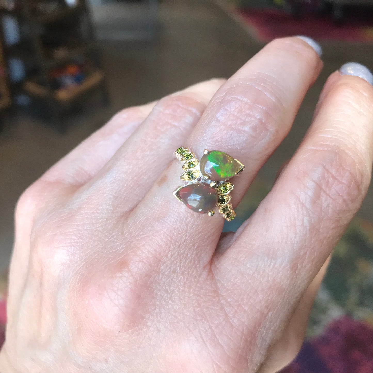 Sterling Silver Natural Fire opal Peridot ring 6.5