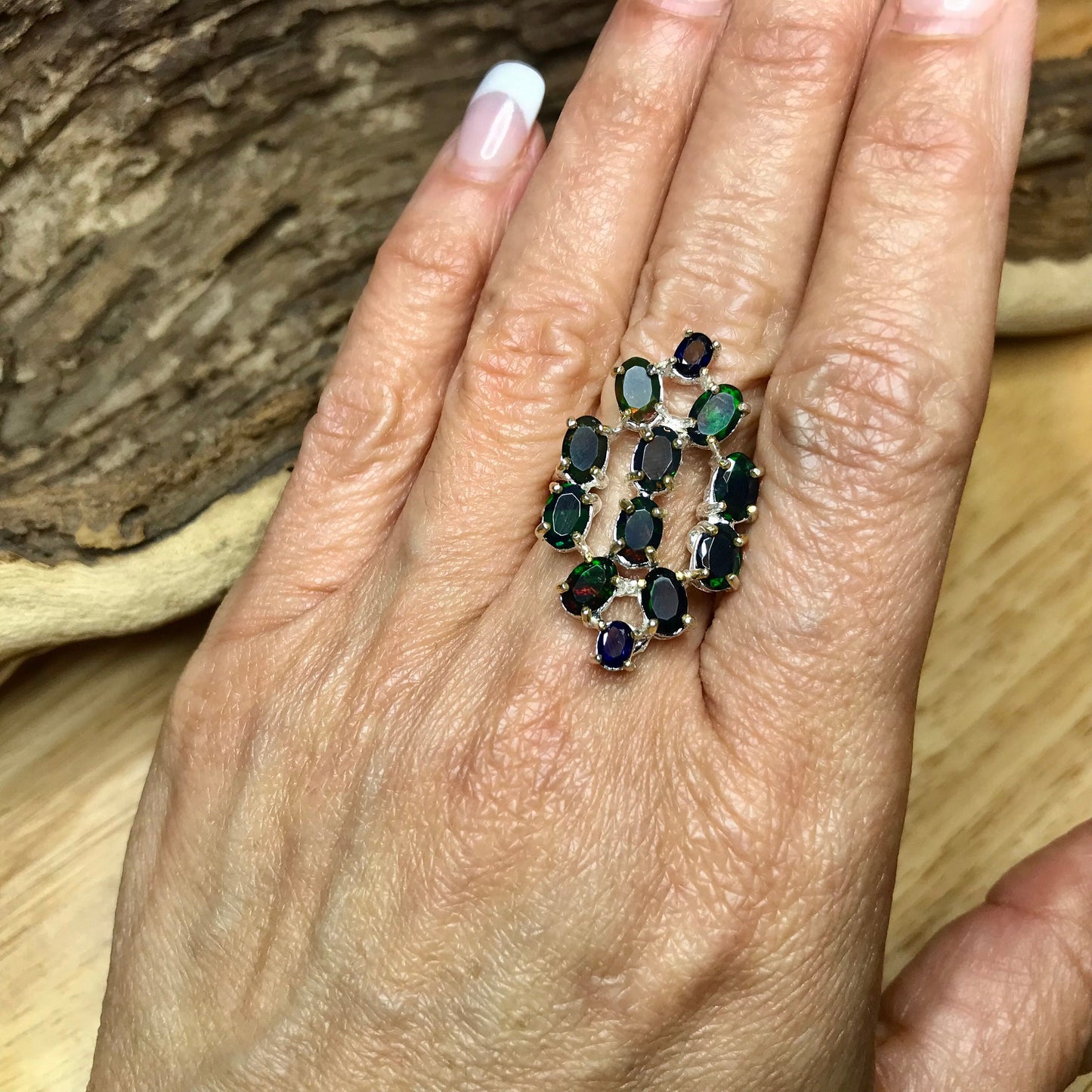 Sterling Silver black Fire Opal statement ring 7.5