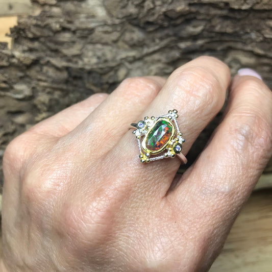 Sterling Silver Fire black red fire opal dainty Ring 7.5