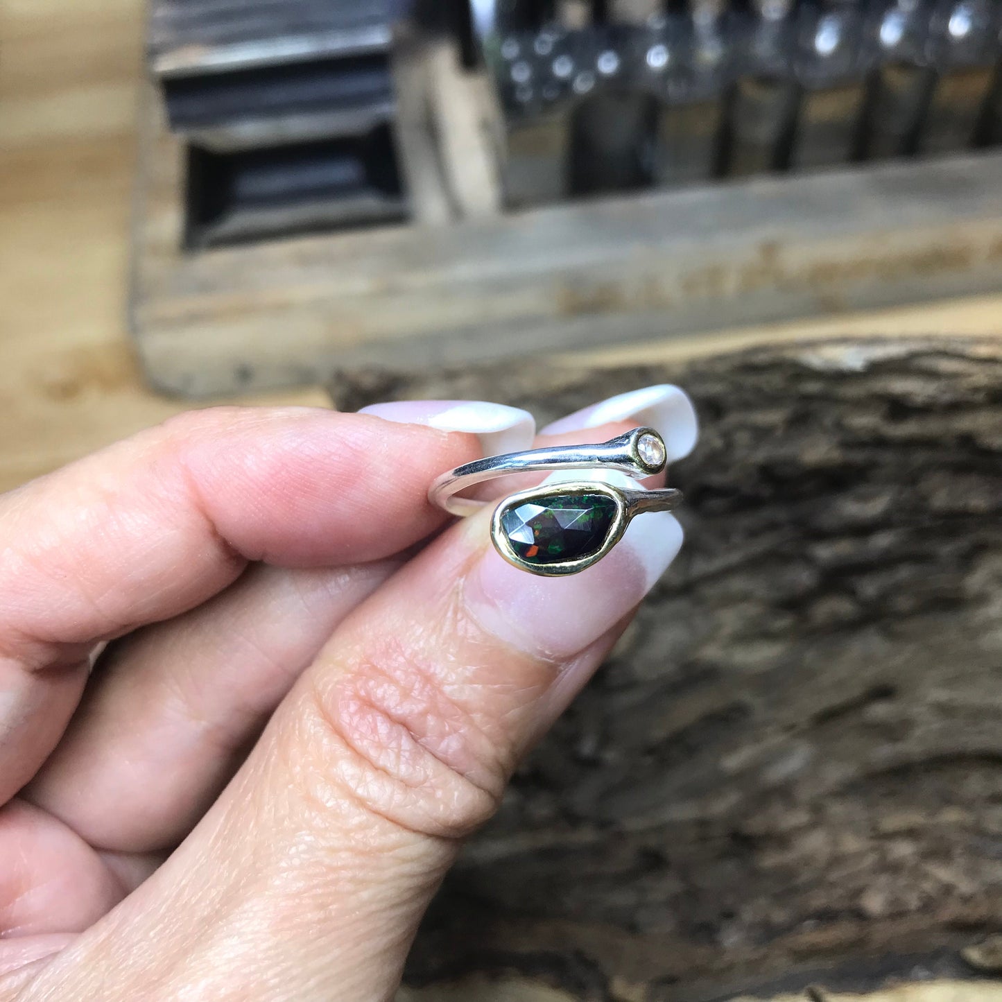 Natural black opal adjustable open dainty Sterling Silver Ring 7 8