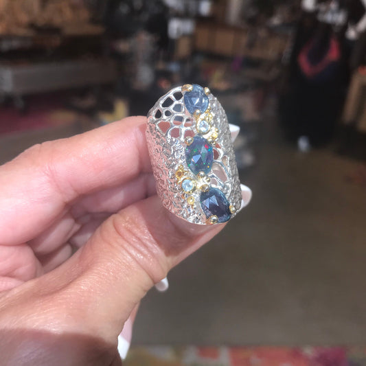 sterling silver natural blue fire opal band ring 8.5