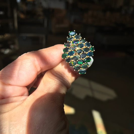 Sterling Silver black Fire Opal cluster  statement ring 7