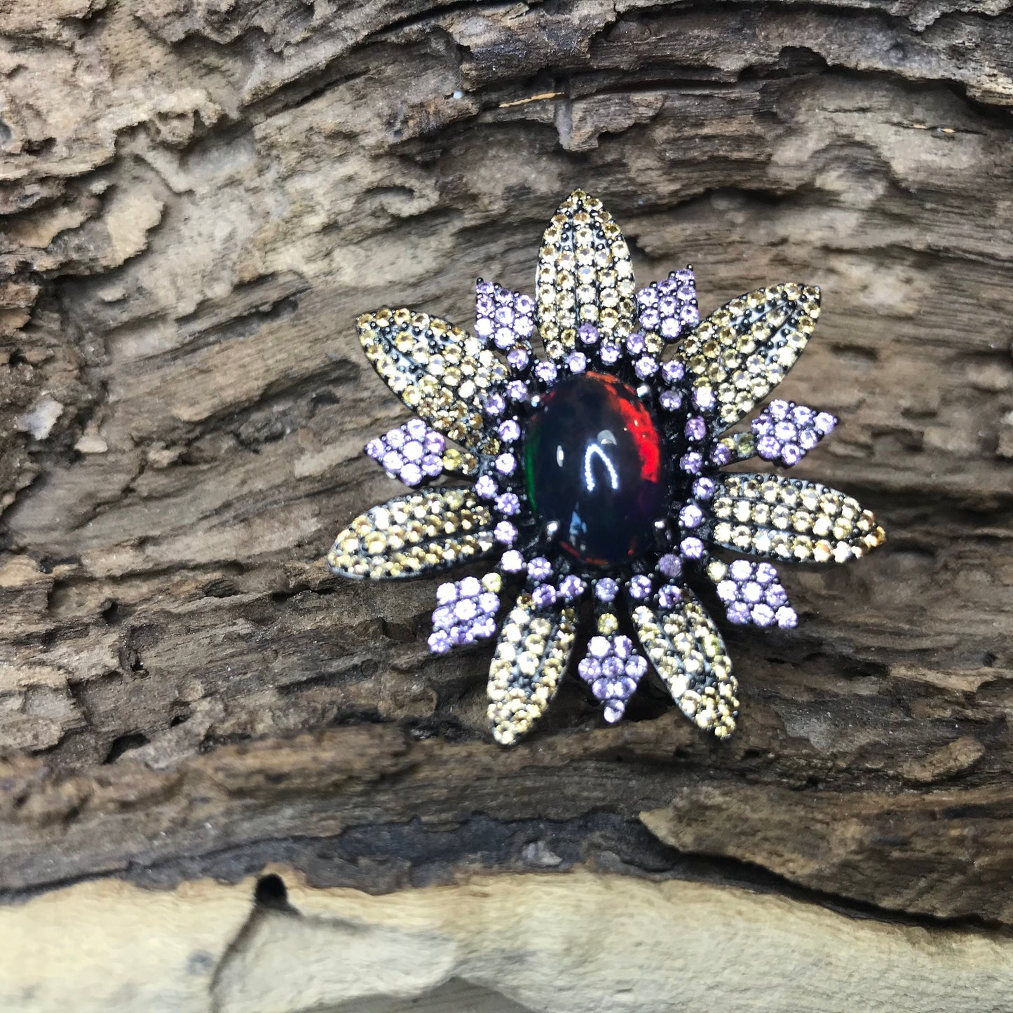 sterling silver Natural black Fire Opal sapphire statement pink ring