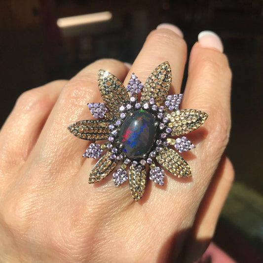 sterling silver Natural black Fire Opal sapphire statement pink ring
