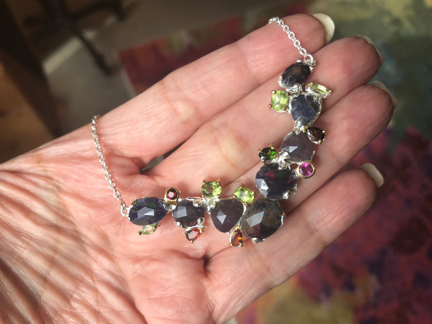 Natural Rainbow black opal heirloom Silver Necklace 19”