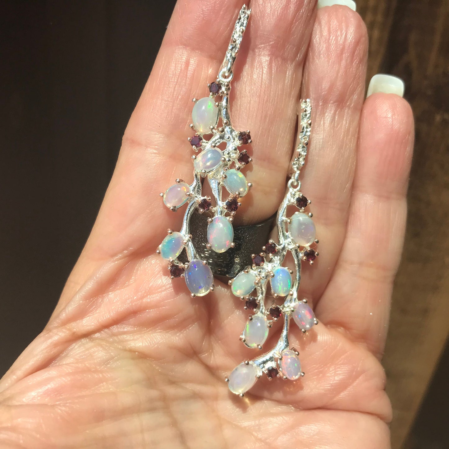 sterling silver Rainbow twig Natural opals Rhodolite  earrings