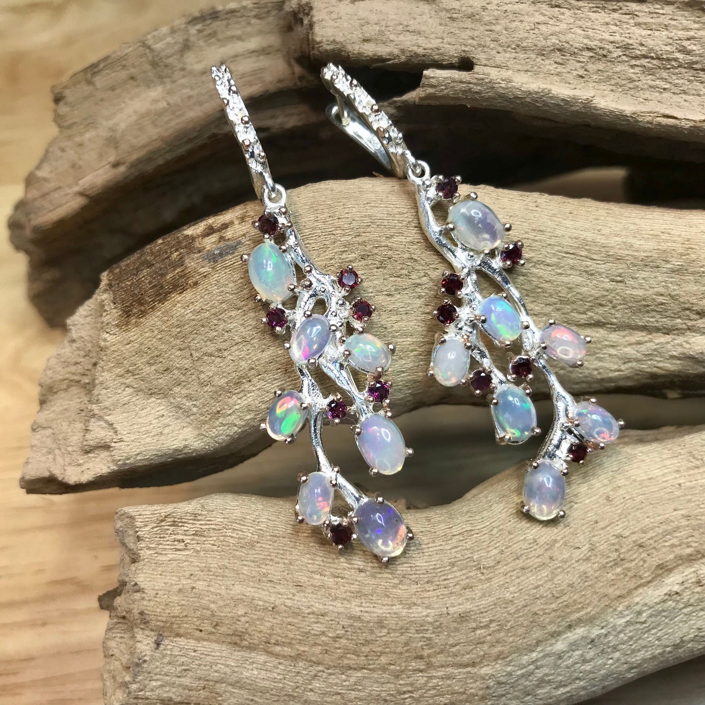 sterling silver Rainbow twig Natural opals Rhodolite  earrings