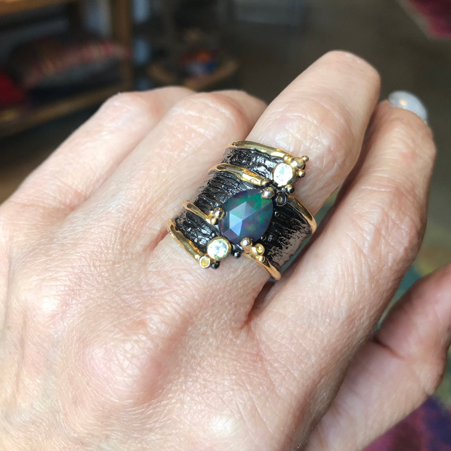 sterling silver natural  blue fire opal band ring 7