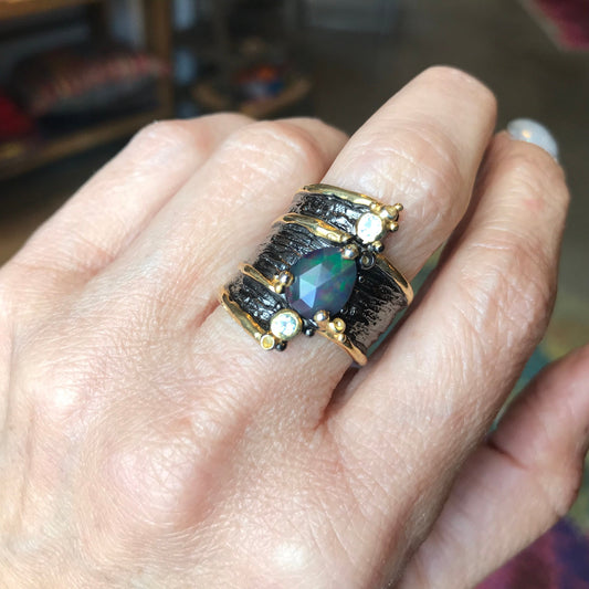 sterling silver natural  blue fire opal band ring 7