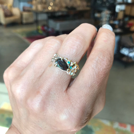 sterling silver Natural black fire opal  band ring 7