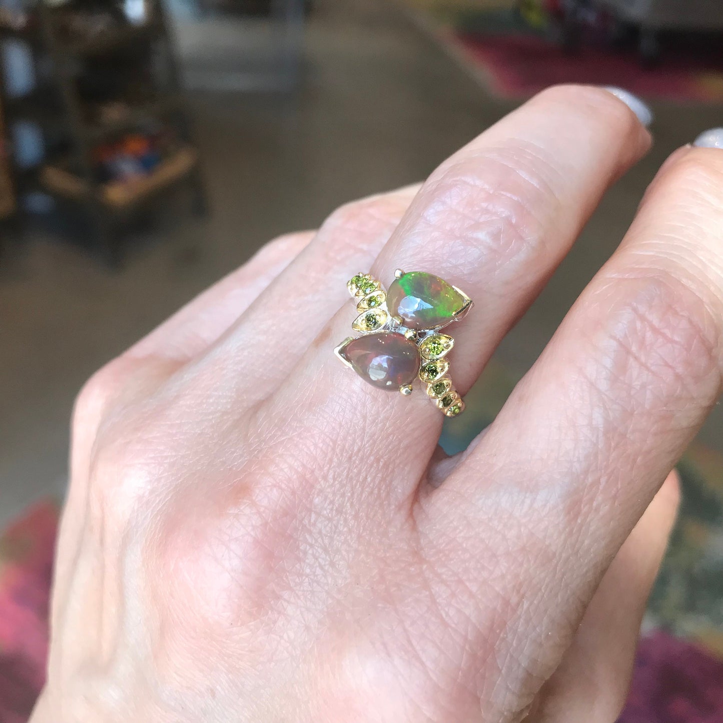Sterling Silver Natural Fire opal Peridot ring 6.5