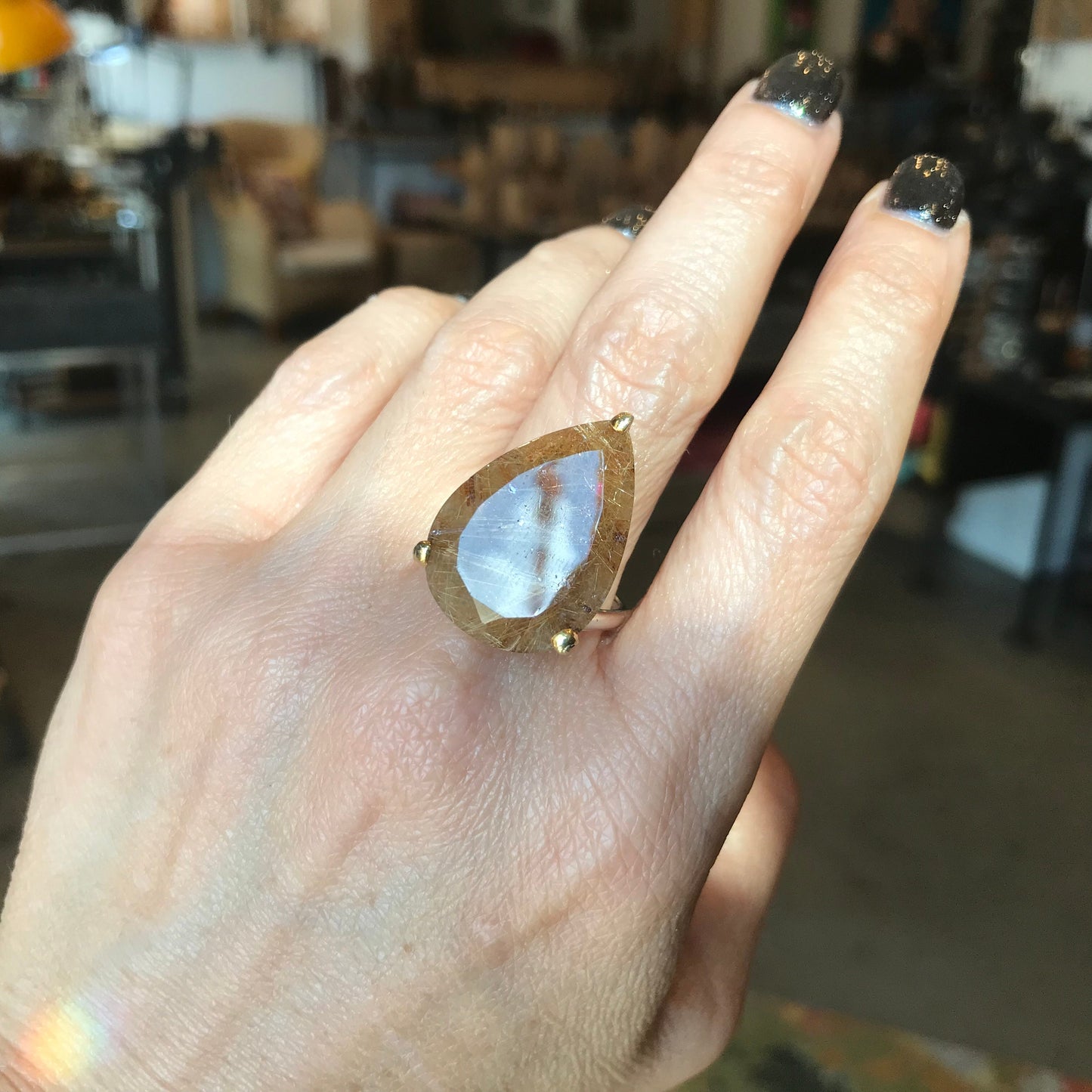 925 sterling silver rutilated quartz statement ring 8.5 golden