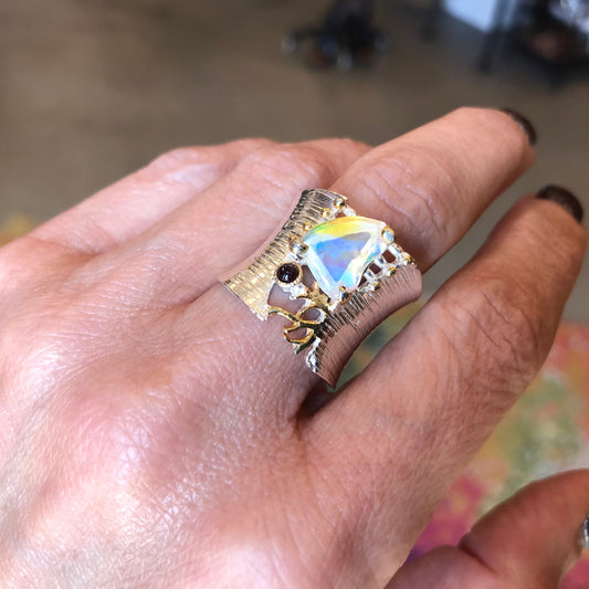sterling silver natural Raw opal band ring 8