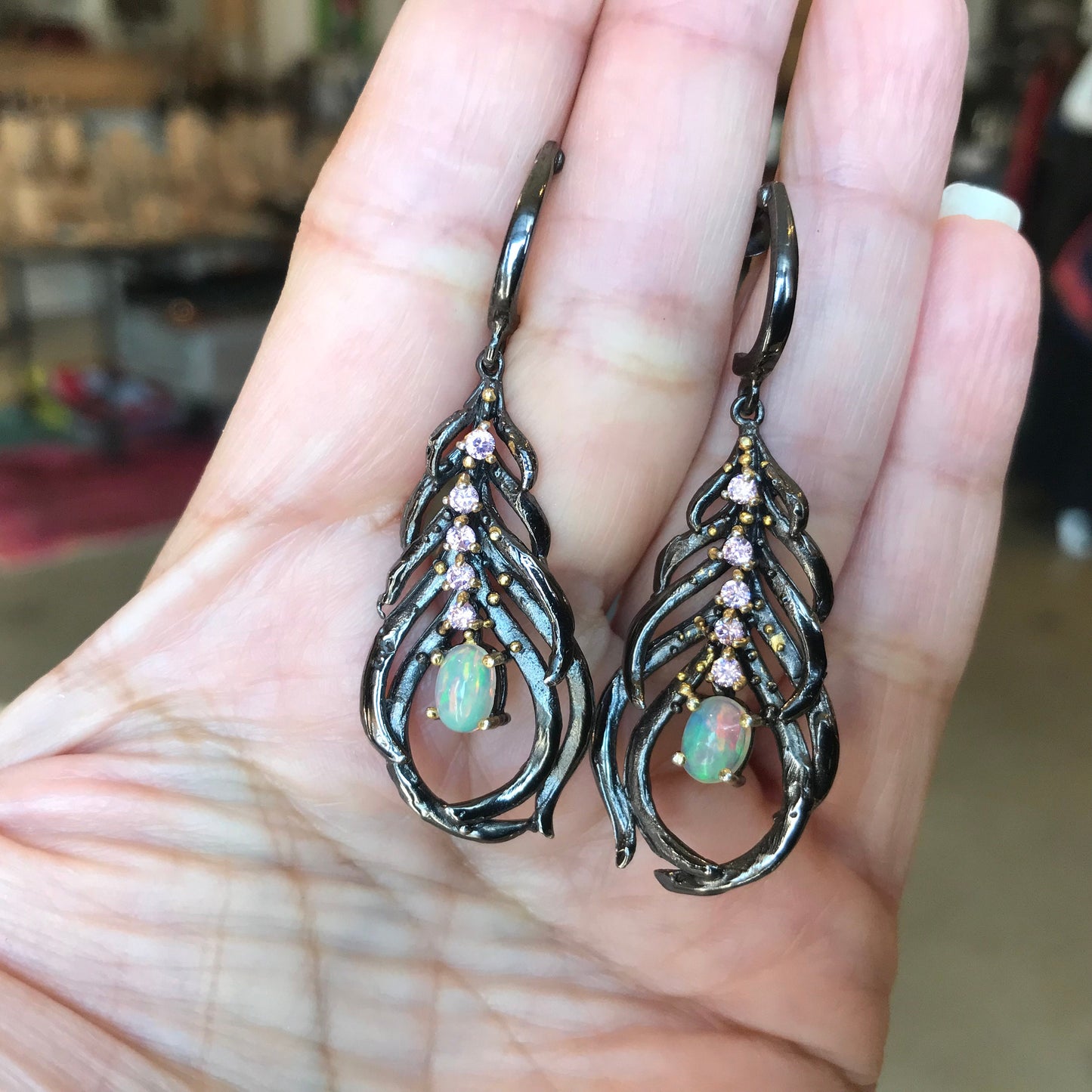 Sterling silver Statement Natural fire opal Feather  Dangle long earrings