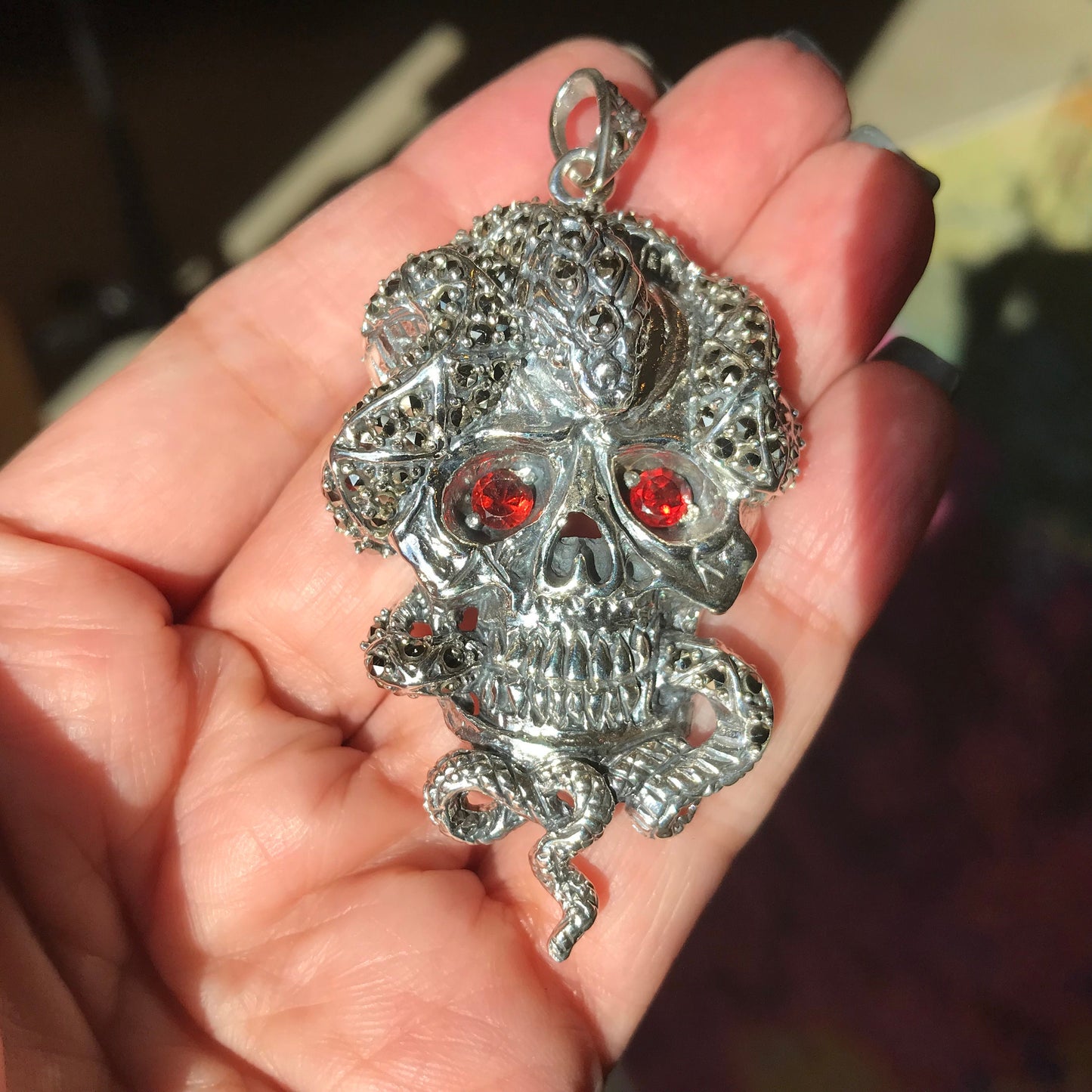 Sterling Silver sugar Skull Katrina biker snake  pendant for Necklace