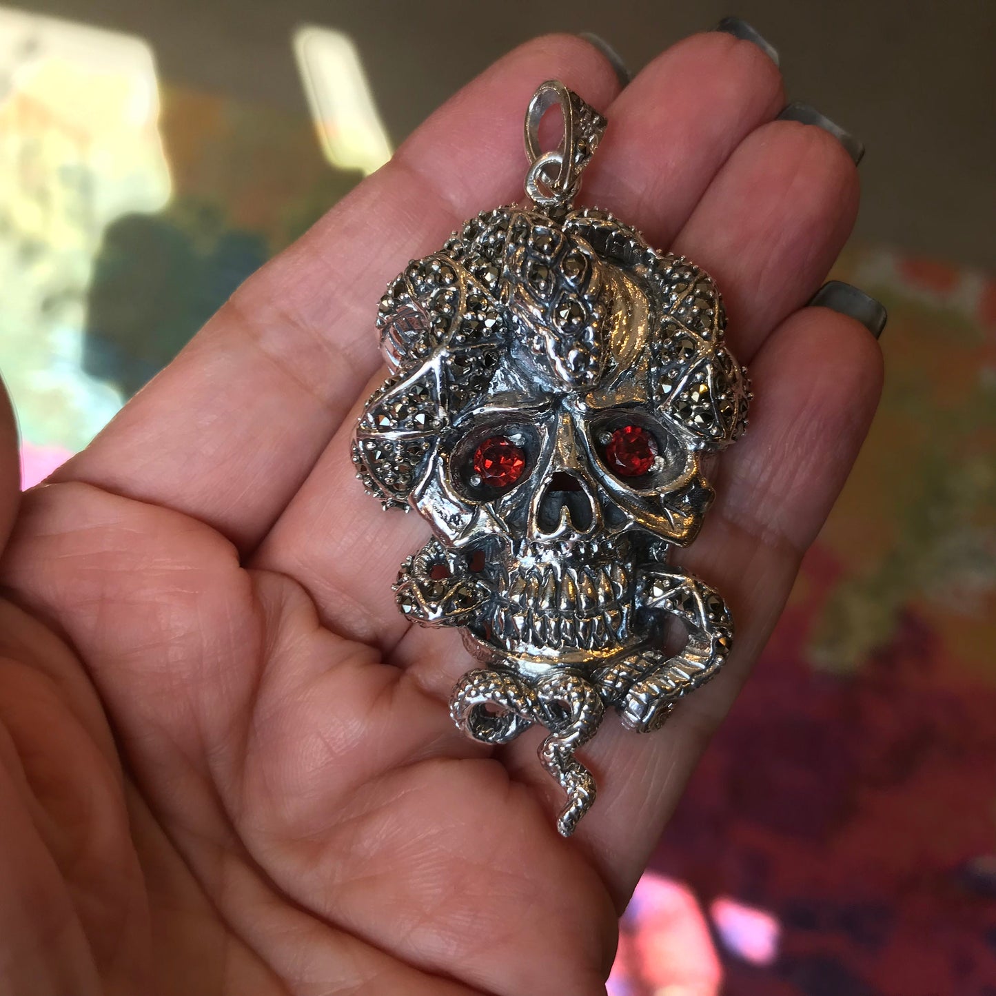 Sterling Silver sugar Skull Katrina biker snake  pendant for Necklace