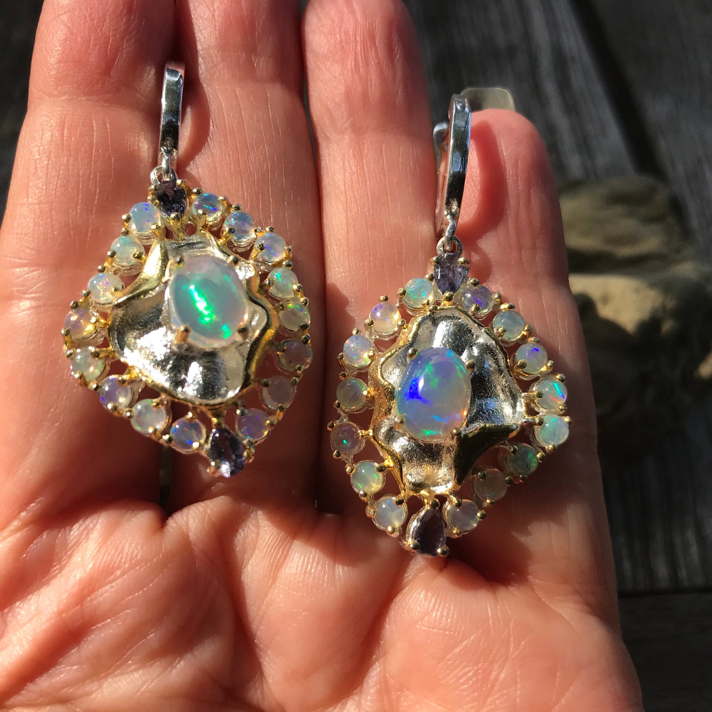 sterling silver Rainbow cluster Natural opal lolite earrings