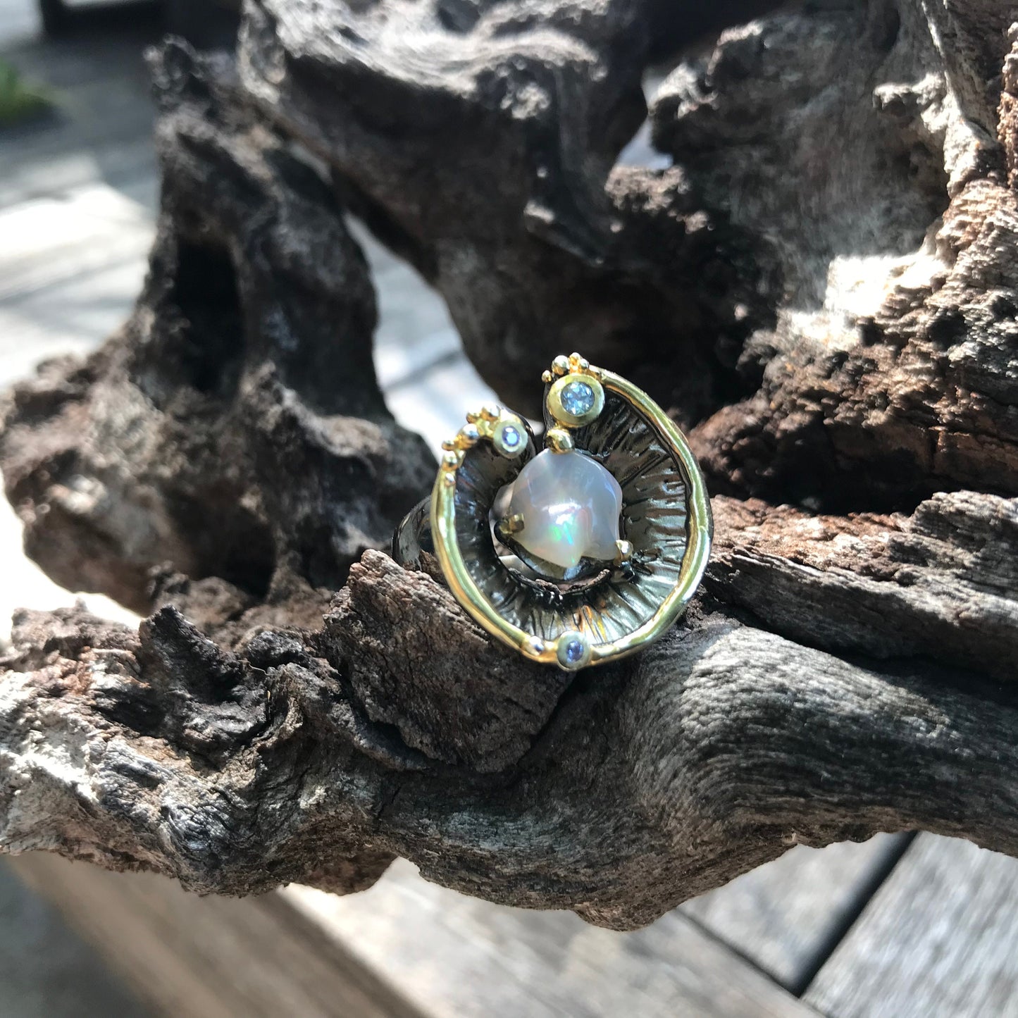 Natural  Rainbow opal organic abstract Sterling Silver Ring 8