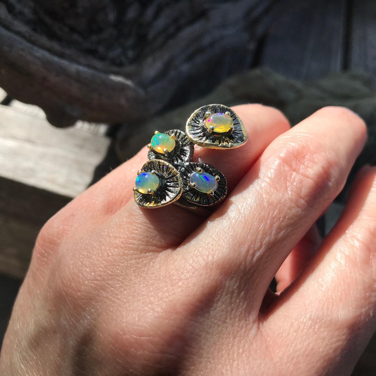 Natural  Rainbow opal organic abstract Sterling Silver Ring 6.5
