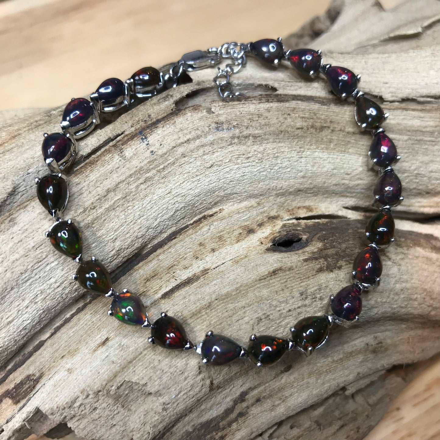 Sterling Silver natural red fire opal pear shape tennis Bracelet 8”