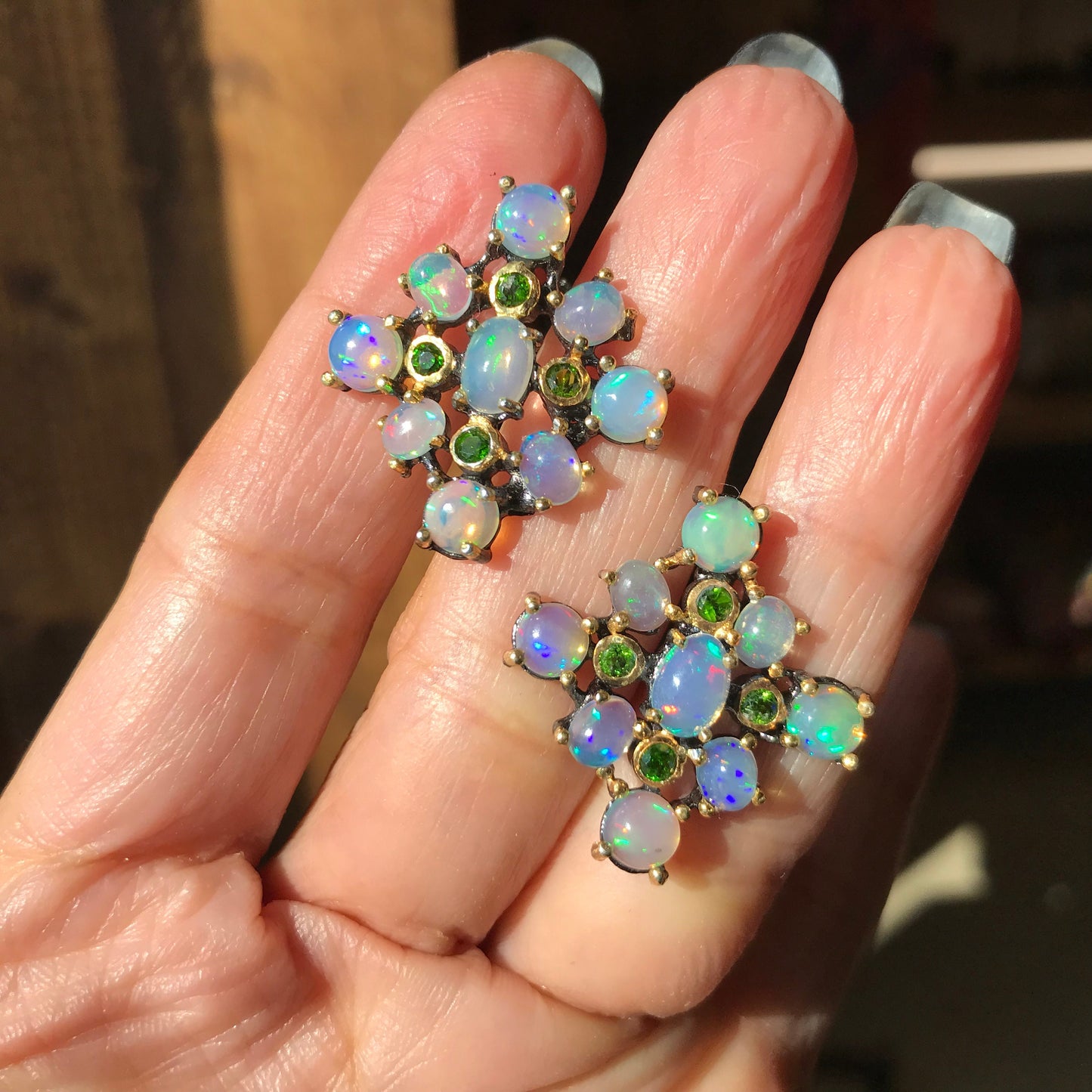 sterling silver natural Rainbow Natural Opal pierce stud earrings
