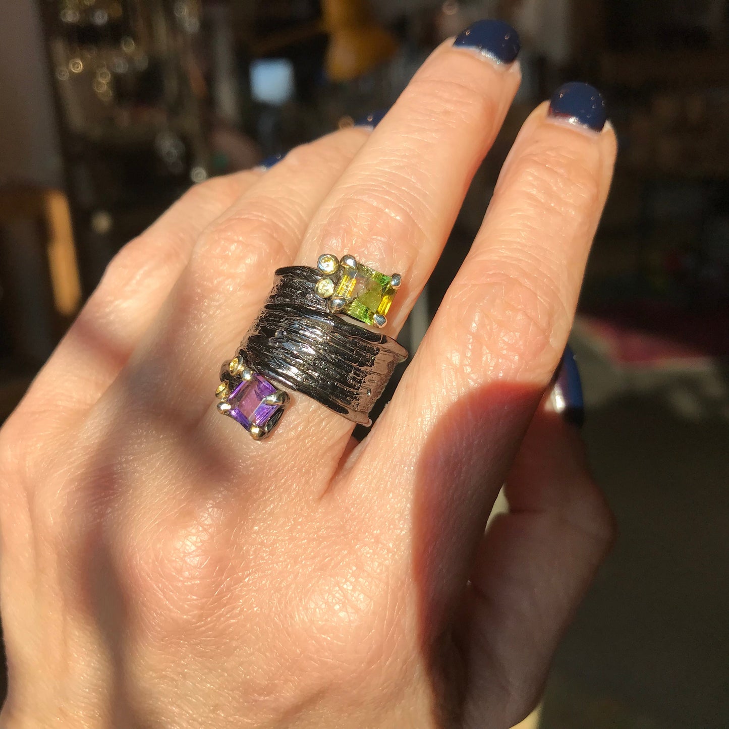 Sterling Silver Statement tourmaline  Amethyst band  ring 7