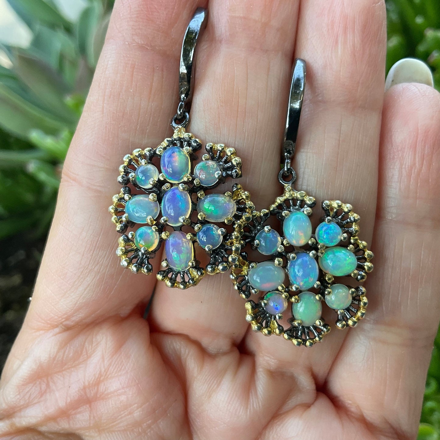 sterling silver Rainbow cluster Natural opals  earrings