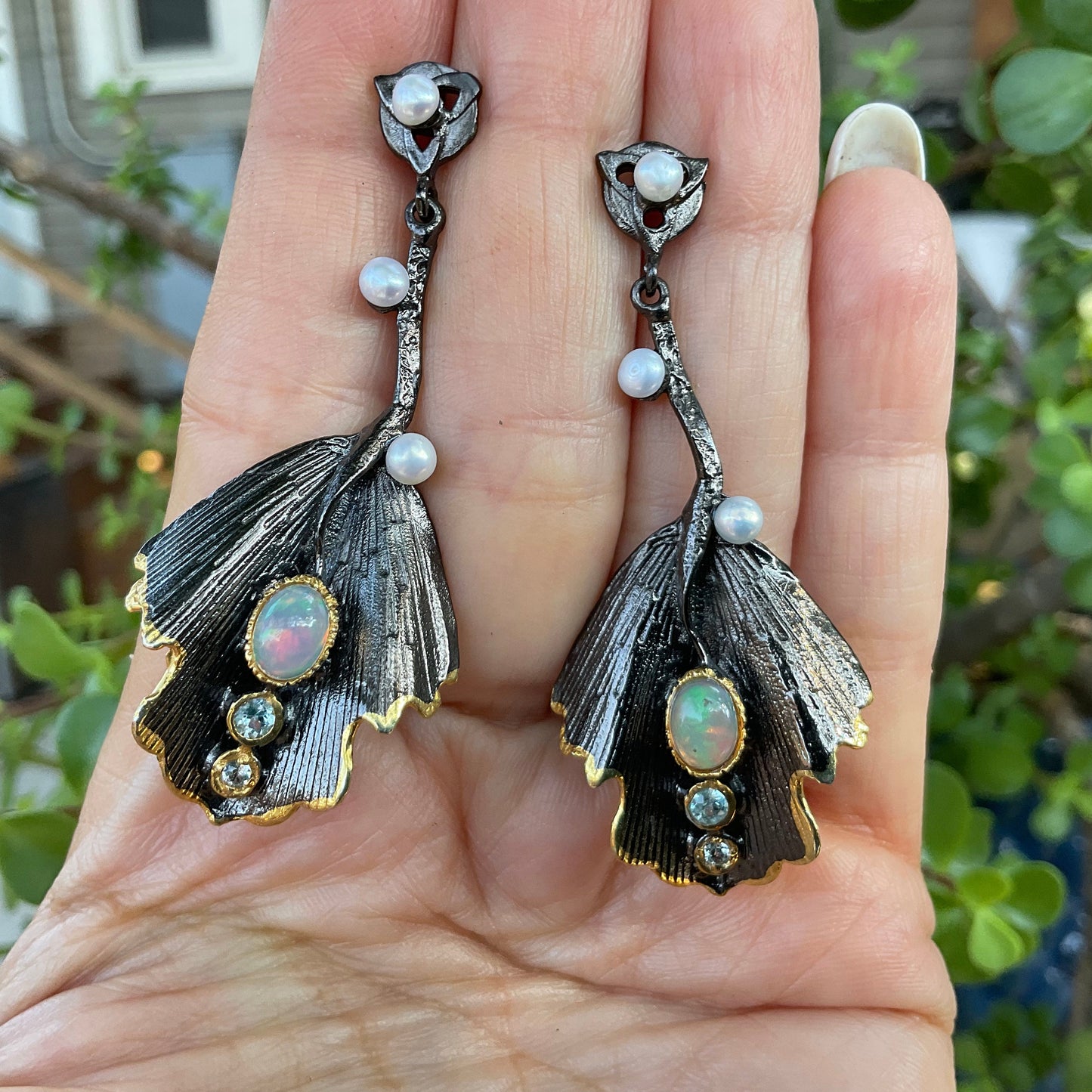 Sterling silver pearl opal long leaf natural art statement earrings