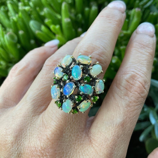 Sterling Silver black opal Etnika  cluster Ring 7