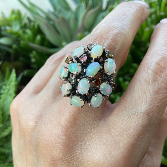 Sterling Silver black opal Etnika tourmaline cluster Ring 8