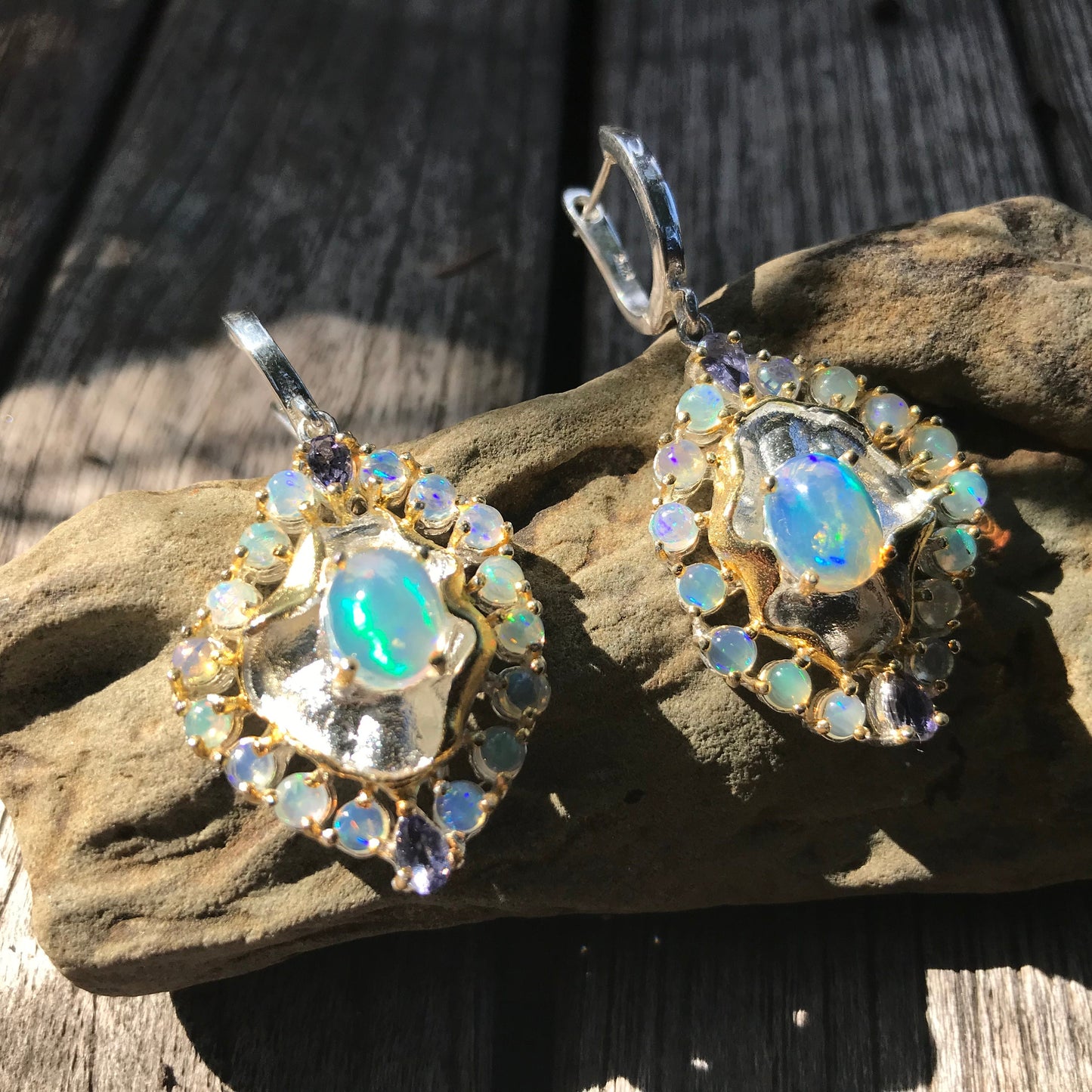 sterling silver Rainbow cluster Natural opal lolite earrings