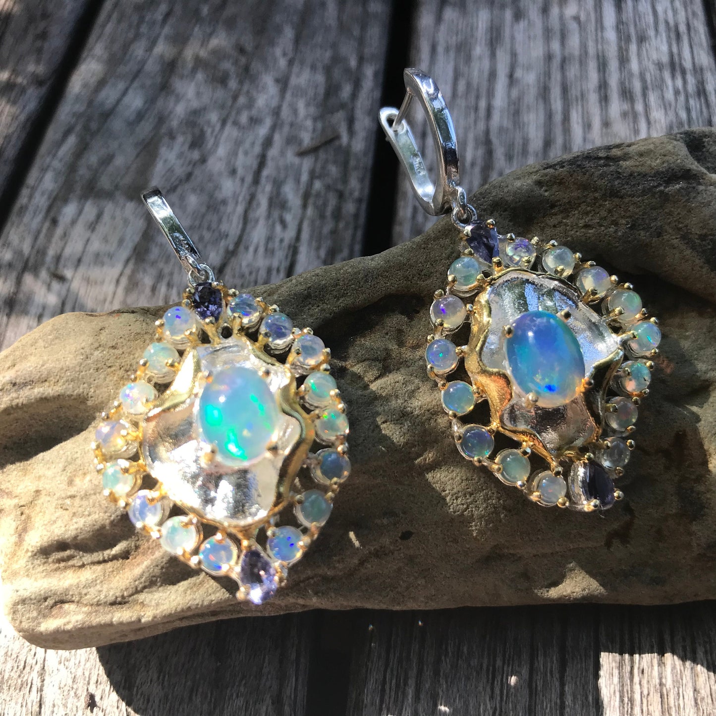 sterling silver Rainbow cluster Natural opal lolite earrings